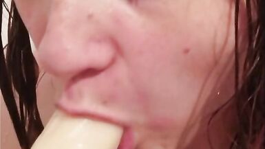 MILF BBW Stretches Holes with Suction Dildo in Shower - 5 image