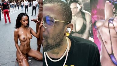 MILF negra magrinha, peitos bronzeados, puta leva dupla e fica toda gozada em público POV