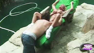Tattooed guy bangs hot blonde Kristal Summers outside poolside