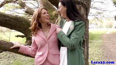 Watch this classy mature milf finger and suck a redhead babe's pussy in stockings