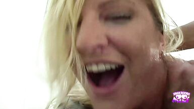 Allie Foster's big tits and blonde hair get roughed up by a guy's hard cock
