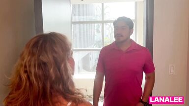 Watch Lana Lee, the curvy college girl, squirt while slobbering on a lucky guy's cock - 1 image
