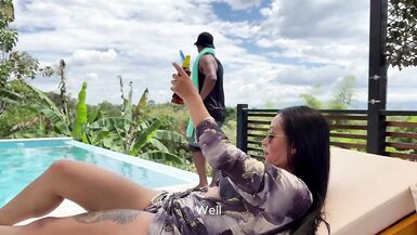 Watch Mariana Sandoval seduce her pool guy with her wet pussy and take his huge black cock outside!