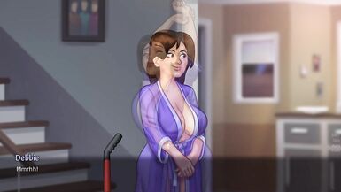 Summertime Saga - Milf tetona de la casa se pone en cuatro en el pasillo y se la folla una verga enorme