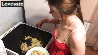 Watch Lovessie, the submissive MILF, prepare dinner for her master and suck his big cock while he eats it - homemade video - 5 image