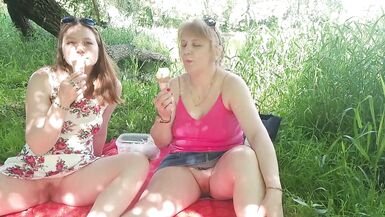Lesbians public: Two MILFs with panties and ice cream, kissing and eating each other's puffy pussy lips outside