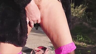 Outdoor Public Crap-House Fingers and Flashing in Nylons and Large Yiff Coat - 1 image