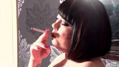 big beautiful woman Tina Rubbing Her Abdomen & Smokin' In Nylons - Curvy - 1 image