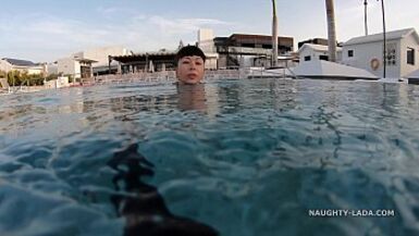 My transparent when moist one piece swimwear in public pool - 1 image