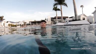 My transparent when moist one piece swimwear in public pool - 2 image