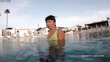 My transparent when moist one piece swimwear in public pool - 4 image