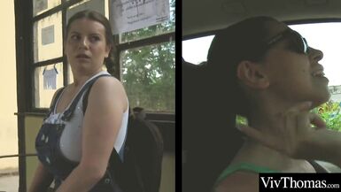 voluptuous lesbian picks up sexy hitch hiker and plays with her - 2 image