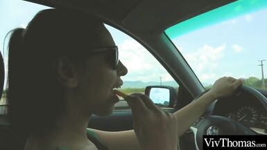 voluptuous lesbian picks up sexy hitch hiker and plays with her - 4 image