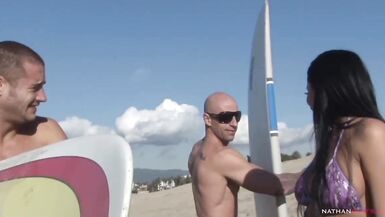 Excited French Breasty Beachgoer Anissa Kate DPed and jezzed all over her large natural scones - 2 image