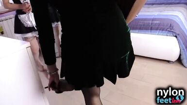 Hot maid worships beauty feet in stockings