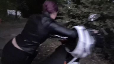 Biker hotty has some trouble, I suggest her a ride & this babe pays me with an outdoor oral stimulation, this babe gulp ! - 2 image