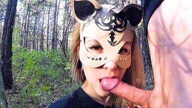 Glamorous schoolgirl masturbates and sucks knob in the forest - public oral pleasure - 1 image