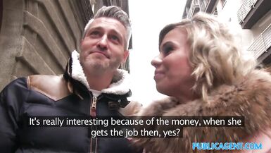 Public Agent Cheating wife with short golden-haired hair copulates for specie