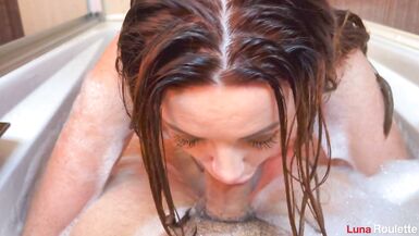 Hot Neighbor Blowjob and Swallow Cum in Bubble Bath - 6 image