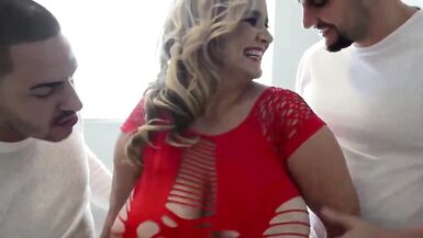 BBW MILF with huge floppy tits takes 2 young cocks