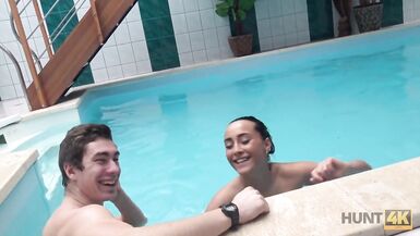 HUNT4K. Pretty lassie worships dick to get allowed to stay at spa zone