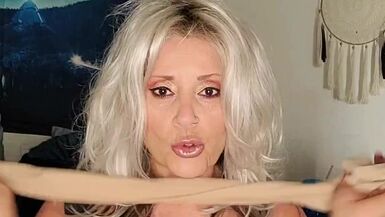 Amateur mature granny gives JOI with stocking play - 1 image