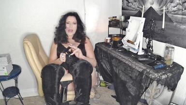EXTREME SHOEPORN- mature woman wears thigh high stilettos with huge strapon & long fingernail play