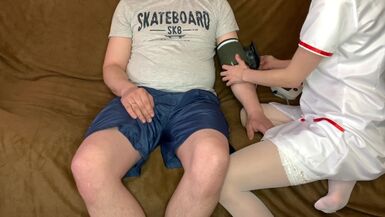 Nurse Helps Raise Pressure with Blowjobs and Cock Rides / Cum on Tits - 1 image