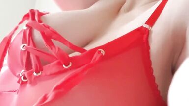 Big Tit Pale Redhead MILF Masturbates Smooth Shaven Pussy and Rubs Clit Red Sheer Bodysuit Lingerie - 2 image