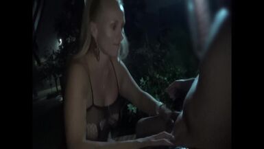 Hot Blonde MILF Sucking outside on Porch during Thunderstorm. he Blows his Load for Oral Creampie - 1 image