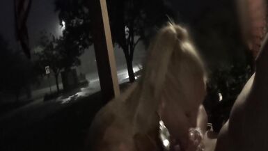 Hot Blonde MILF Sucking outside on Porch during Thunderstorm. he Blows his Load for Oral Creampie - 3 image