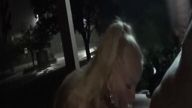 Hot Blonde MILF Sucking outside on Porch during Thunderstorm. he Blows his Load for Oral Creampie - 4 image