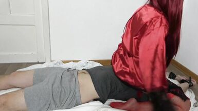 Facesitting Girl in Red Pantyhose on Slave in Handcuffs Socks Femdome - 15 image
