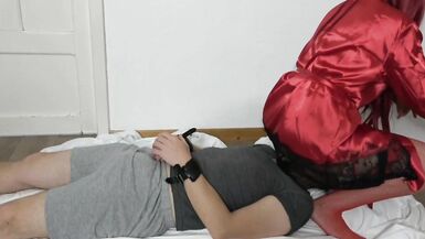 Facesitting Girl in Red Pantyhose on Slave in Handcuffs Socks Femdome