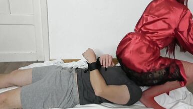 Facesitting Girl in Red Pantyhose on Slave in Handcuffs Socks Femdome - 8 image