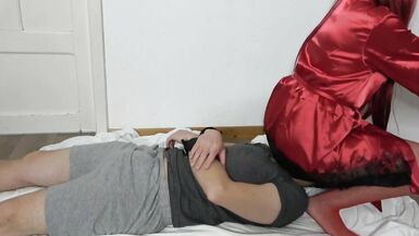 Facesitting Girl in Red Pantyhose on Slave in Handcuffs Socks Femdome - 9 image