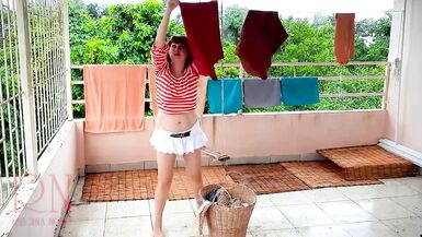 Naked Laundry. the Maid is Drying Clothes in the Laundry. - 6 image