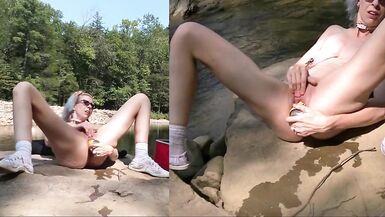 Outdoor Creek Masturbation with Flogger, Wooden Massager, and Stacker 2 Energy Drink can - 13 image