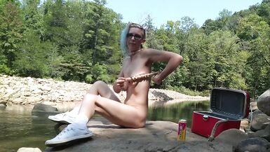 Outdoor Creek Masturbation with Flogger, Wooden Massager, and Stacker 2 Energy Drink can - 6 image