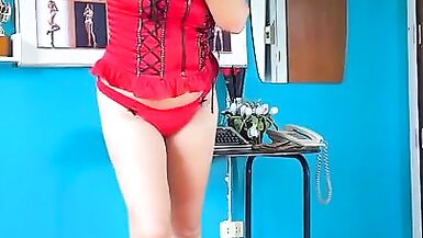 Naked secretary Red corset Striptease at office. FULL CC - 7 image