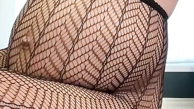 Pregnant Fishnets - Horny Pregnant with Long Nipples Ripping off Fishnets to Touch her Meaty  Pussy watch online