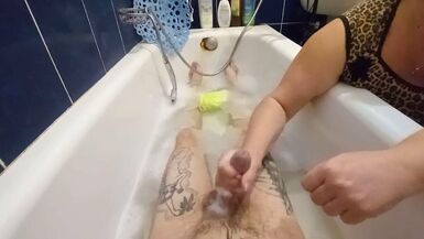 stepmom washes me in the bathroom and jerks off my cock - 1 image