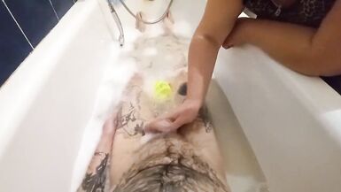 stepmom washes me in the bathroom and jerks off my cock - 3 image