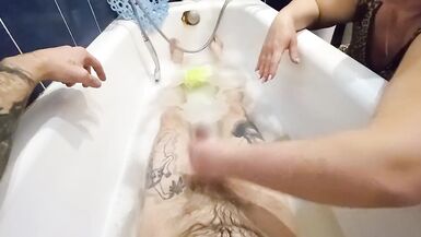 stepmom washes me in the bathroom and jerks off my cock - 9 image