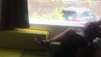 Wife giving risky blowjob in front of window in a camping - 10 image