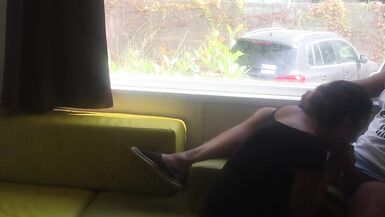 Wife giving risky blowjob in front of window in a camping - 11 image
