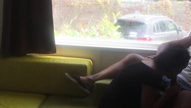 Wife giving risky blowjob in front of window in a camping - 12 image