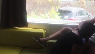 Wife giving risky blowjob in front of window in a camping - 13 image