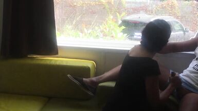 Wife giving risky blowjob in front of window in a camping - 14 image