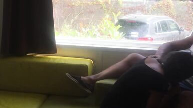 Wife giving risky blowjob in front of window in a camping - 15 image